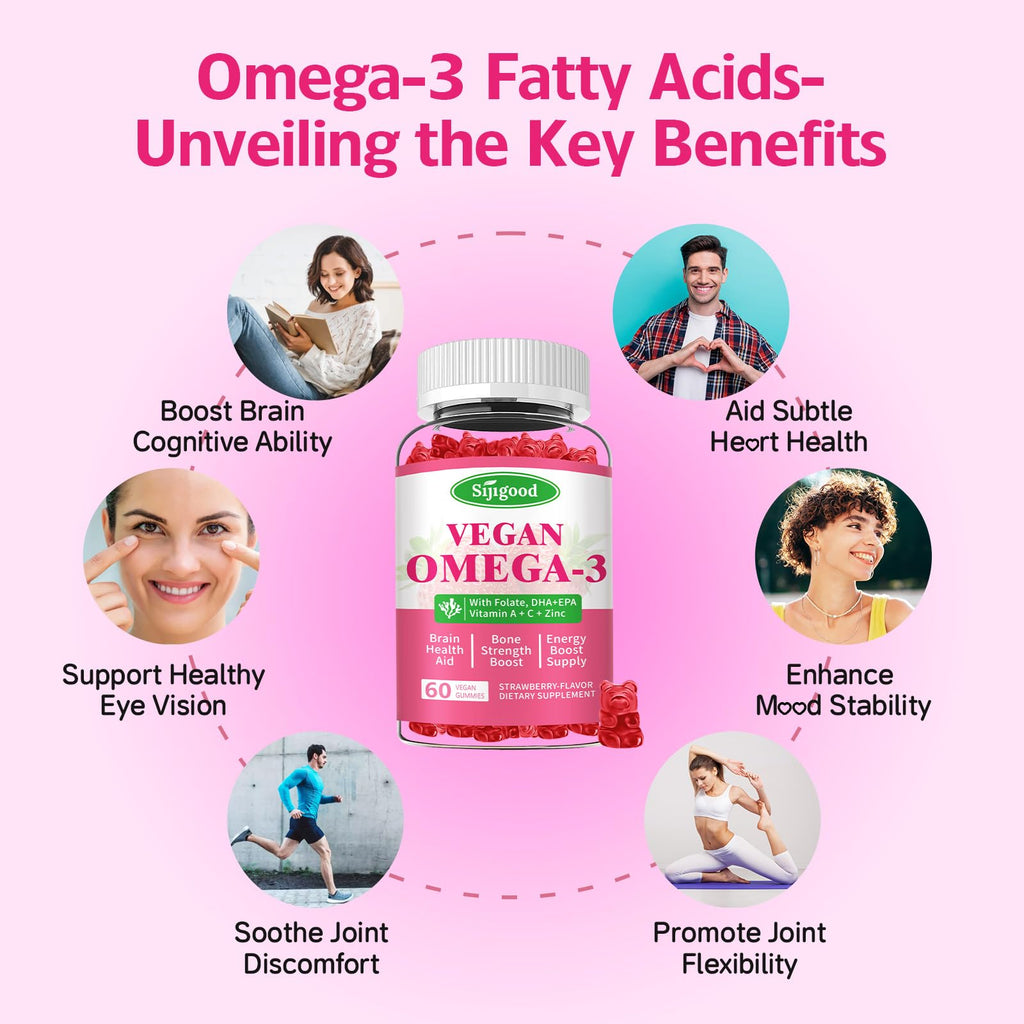 Algae Omega-3 Gummies (DHA & EPA) – Vegan, Sugar-Free, Strawberry, 60 Count