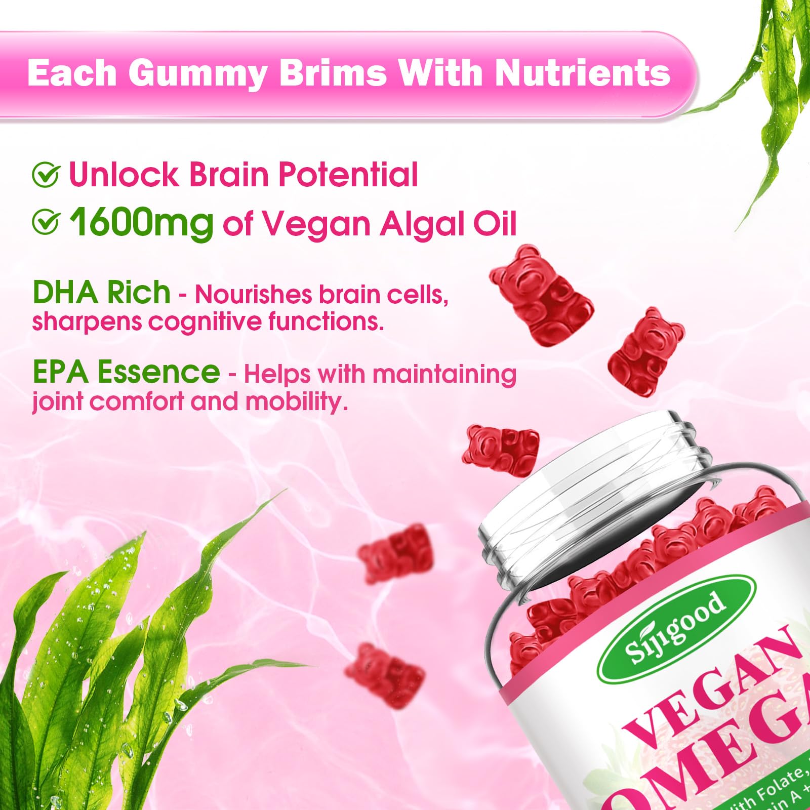 Algae Omega-3 Gummies – Vegan DHA & EPA, Sugar-Free, Strawberry, 120 Count