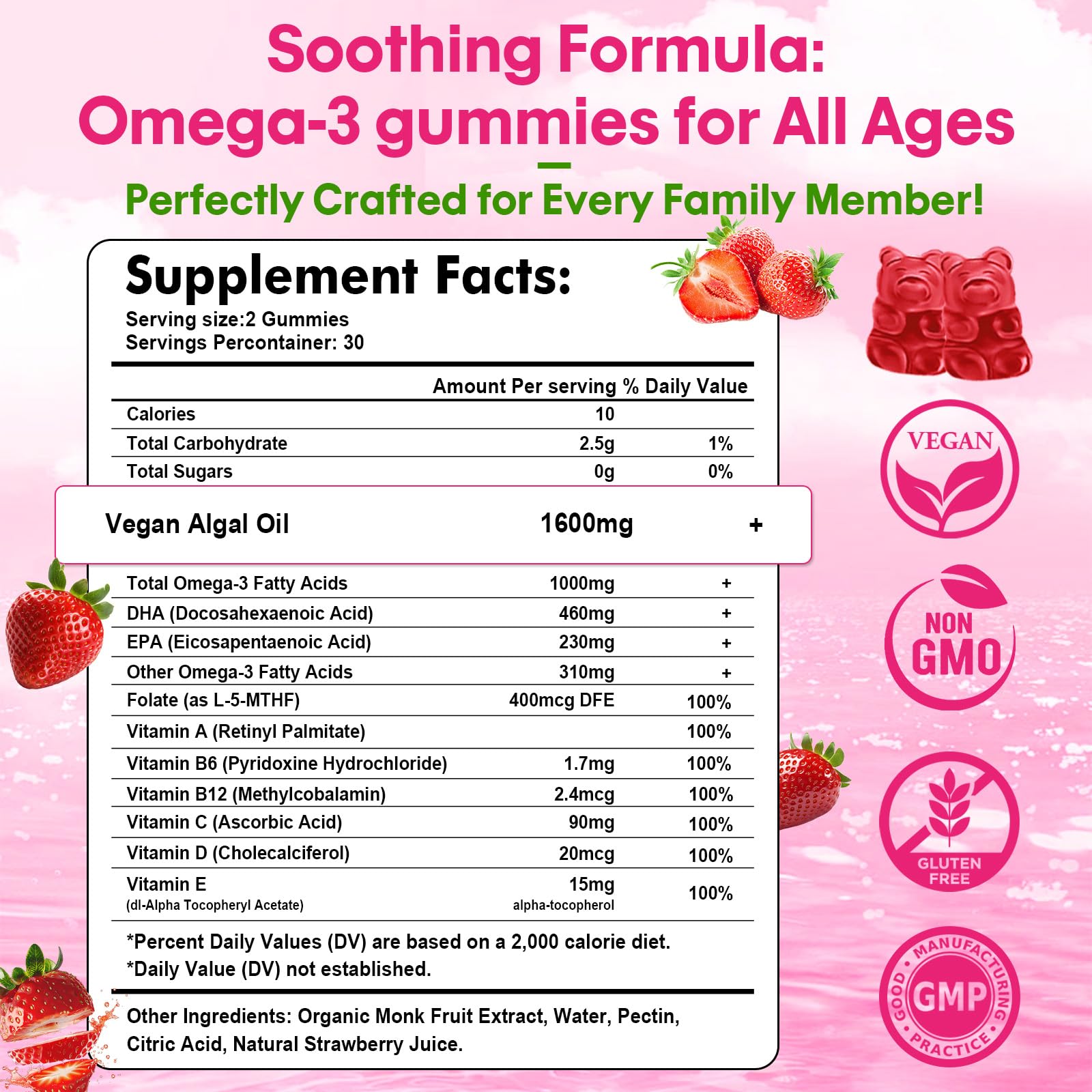 Algae Omega-3 Gummies – Vegan DHA & EPA, Sugar-Free, Strawberry, 120 Count