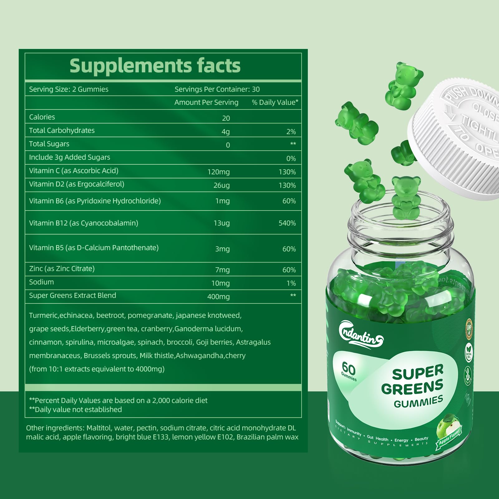 Multivitamin Super Greens Gummies for Women - Vegan Apple, 60 Count