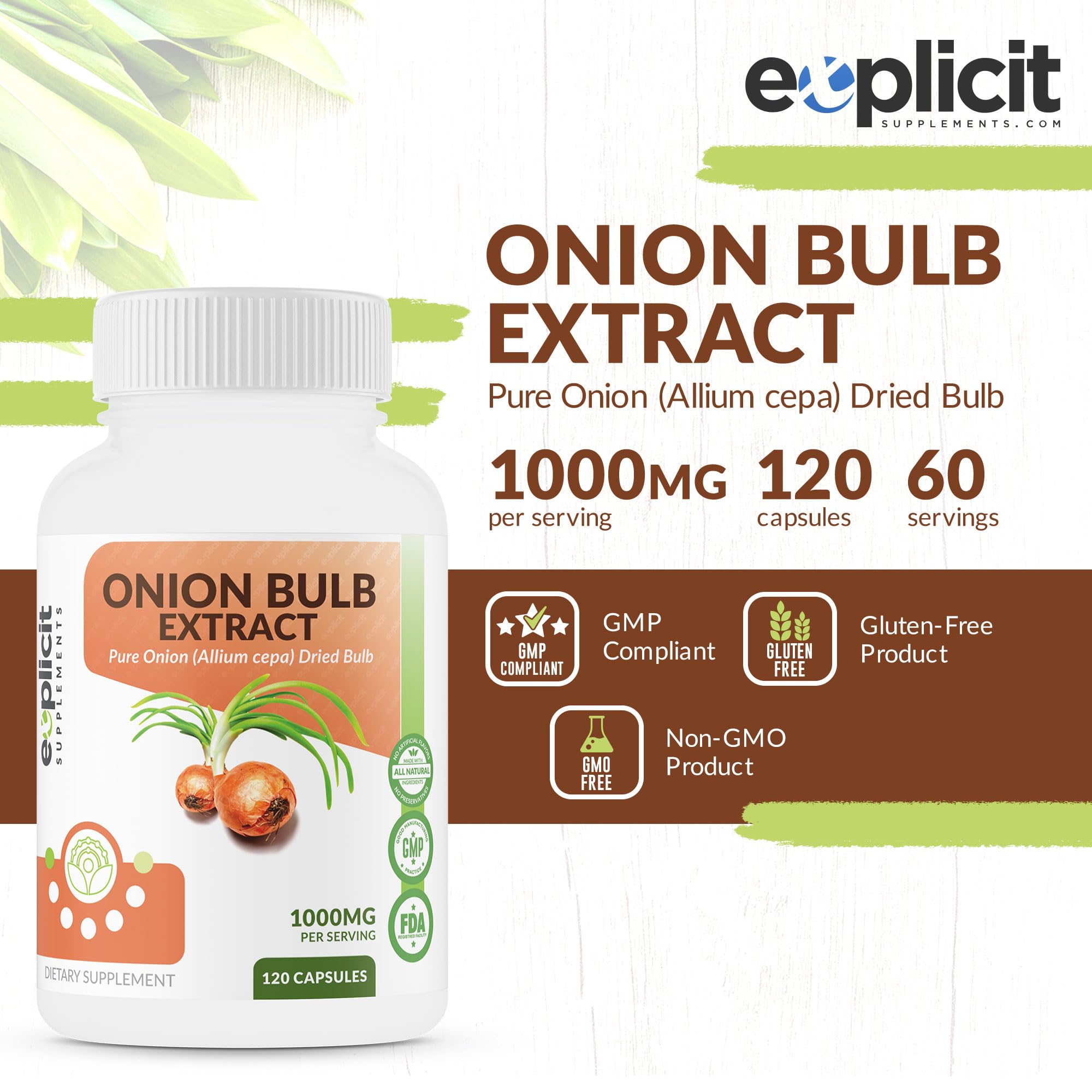 All Natural Onion Extract 1000mg - Dried Allium Cepa | 120 Capsules (Pack of 2)