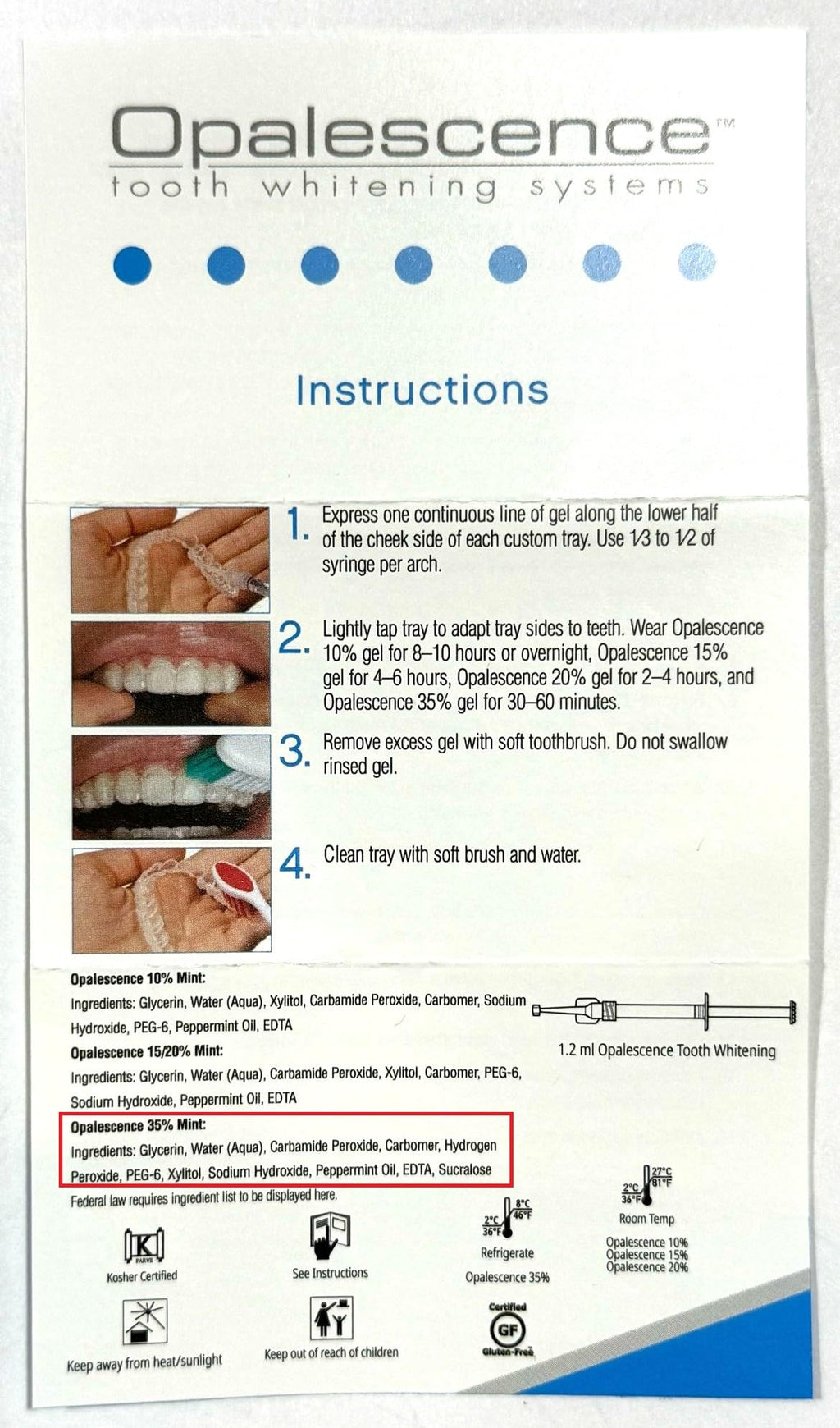 Opalescence 35% Gel Syringes Refill Kit (8 Count) – Ultradent Carbamide Peroxide, Cool Mint