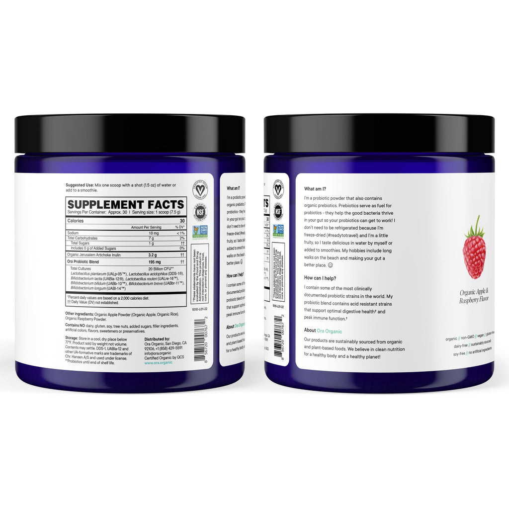 Ora Organic Prebiotic & Probiotic Powder – 20B CFU, 7 Strains, Apple Raspberry Flavor, 30 Servings
