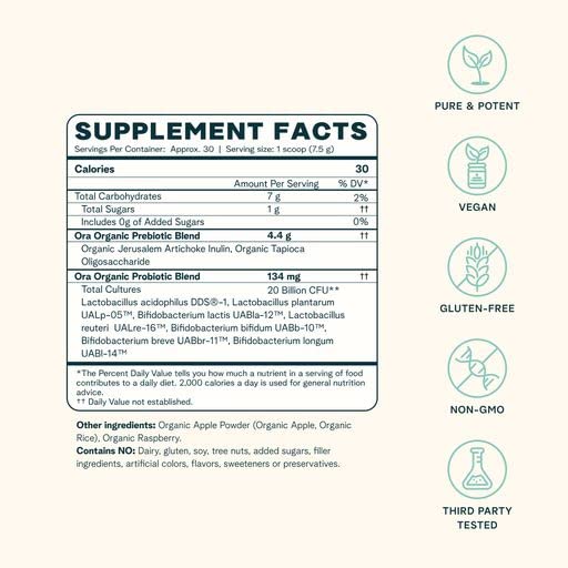 Ora Organic Prebiotic & Probiotic Powder – 20B CFU, 7 Strains, Apple Raspberry Flavor, 30 Servings