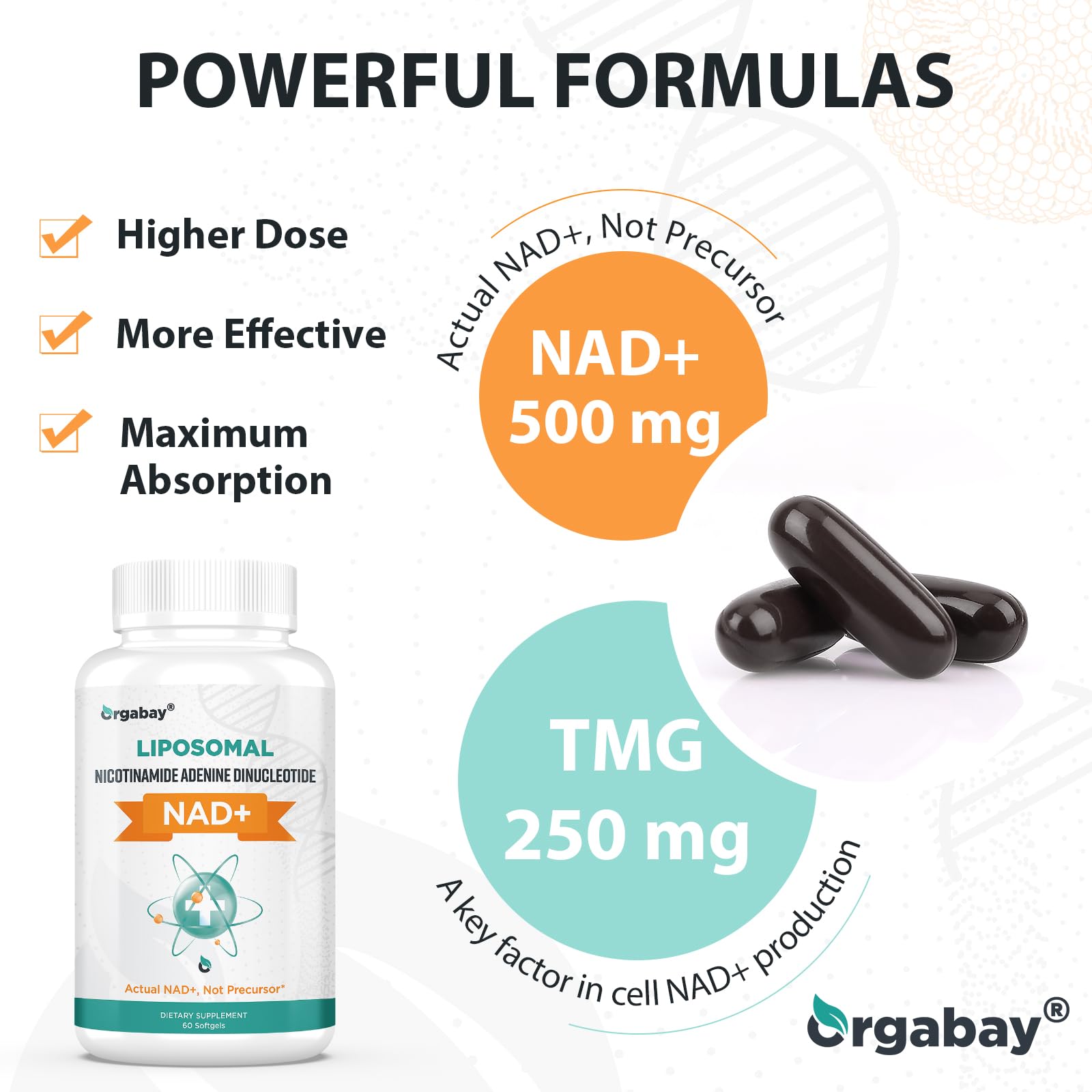 Orgabay Liposomal NAD+ Supplement 500 mg + 250 mg TMG | High Absorption, 60-Day Supply
