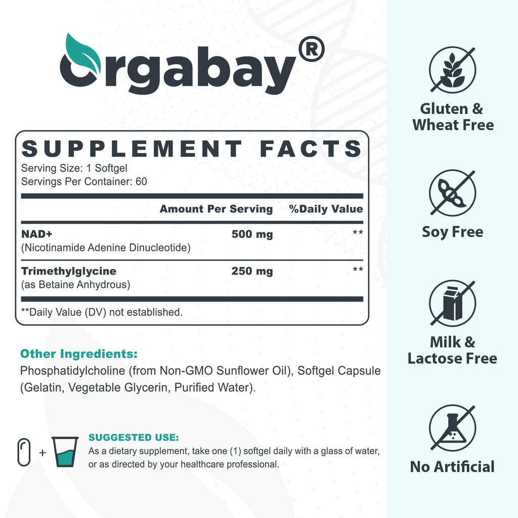 Orgabay Liposomal NAD+ Supplement 500 mg + 250 mg TMG – High Absorption NAD+ | 480 Softgels