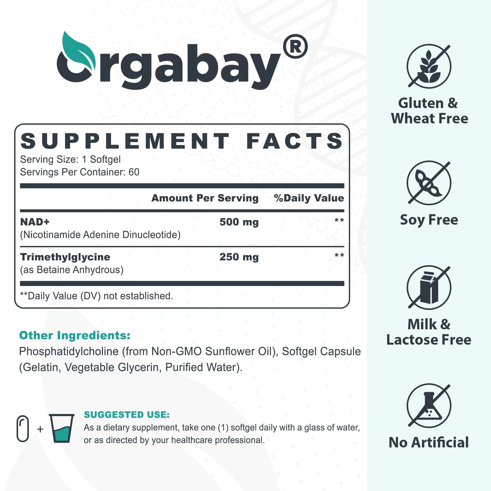 Orgabay Liposomal NAD+ Supplement 500 mg + 250 mg TMG – High Absorption NAD+ | 480 Softgels