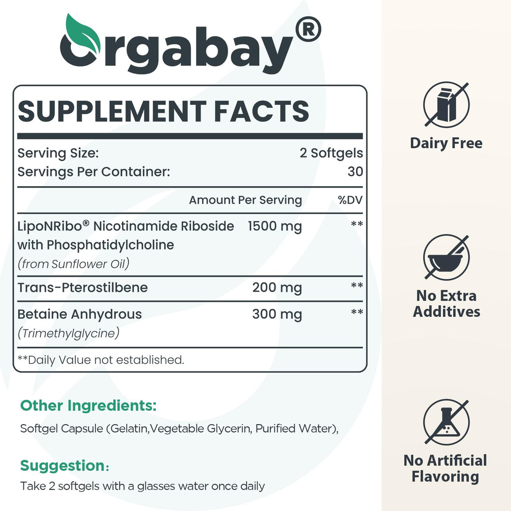Orgabay Liposomal Nicotinamide Riboside 2000 MG with TMG and Pterostilbene – NAD+ Support for Healthy Aging (480 Softgels)