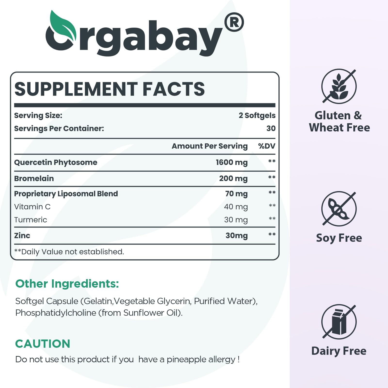 Orgabay Liposomal Quercetin Phytosome 1600 mg – 360 Softgels | Bromelain 200 mg, Zinc 30 mg, Vitamin C, Turmeric