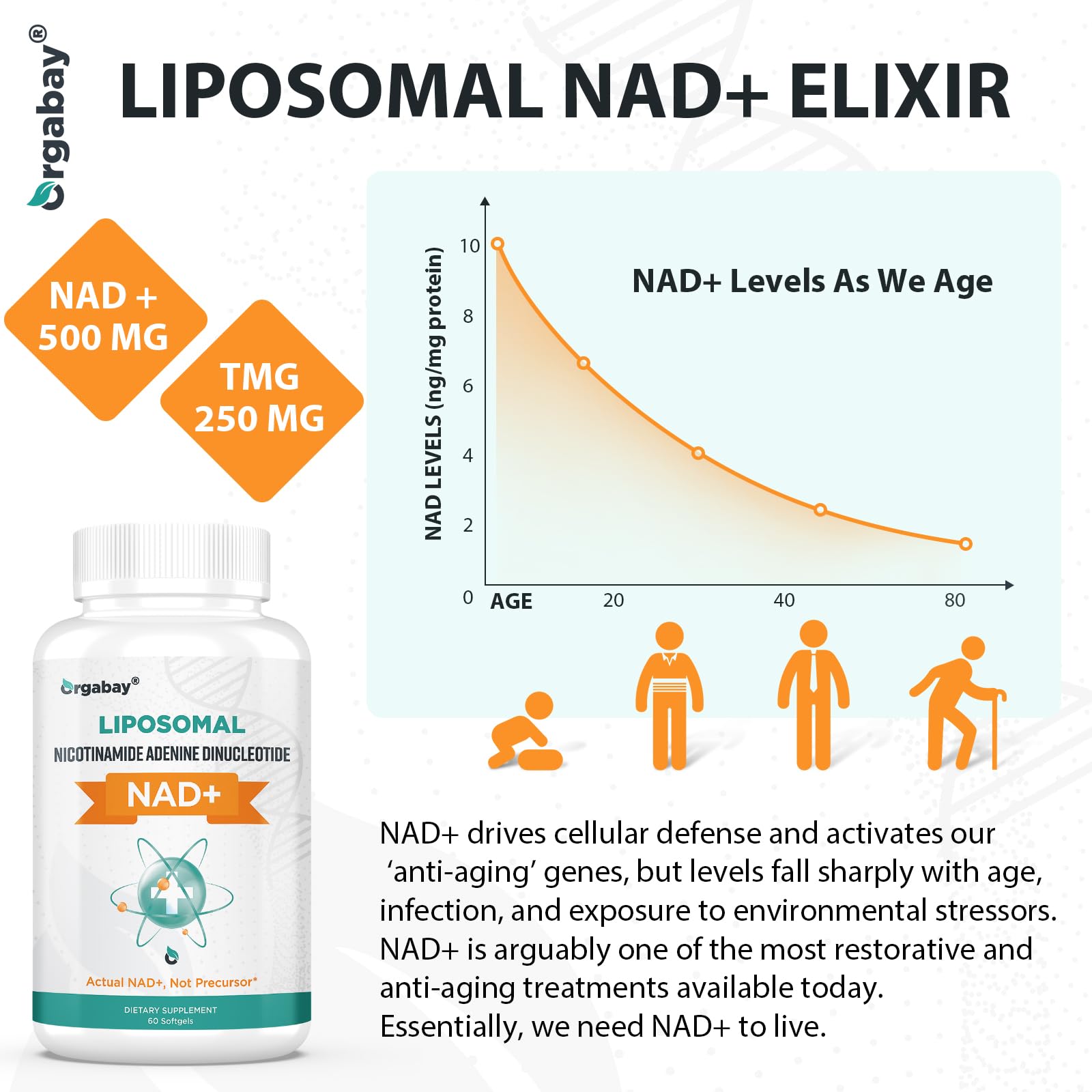 Orgabay Liposomal NAD+ Supplement 500 mg, High Absorption, Boost NAD+ with TMG 250 mg, Actual NAD Plus More Efficient Than Nicotinamide Riboside, Support Cellular Energy, Healthy Aging | 60 Softgels