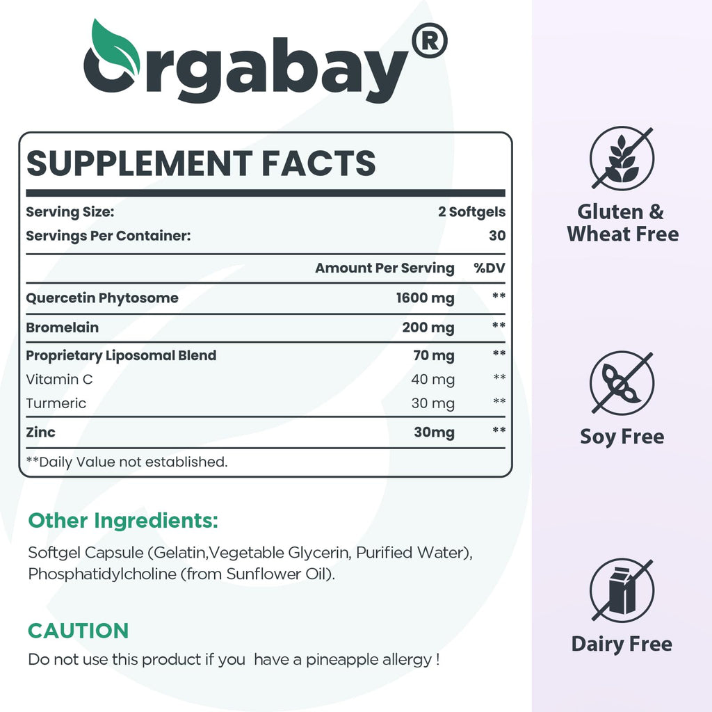 Orgabay Liposomal Quercetin Phytosome 1600 mg – Bromelain 200 mg, Zinc 30 mg, Vitamin C, Turmeric 40 mg | 120 Softgels