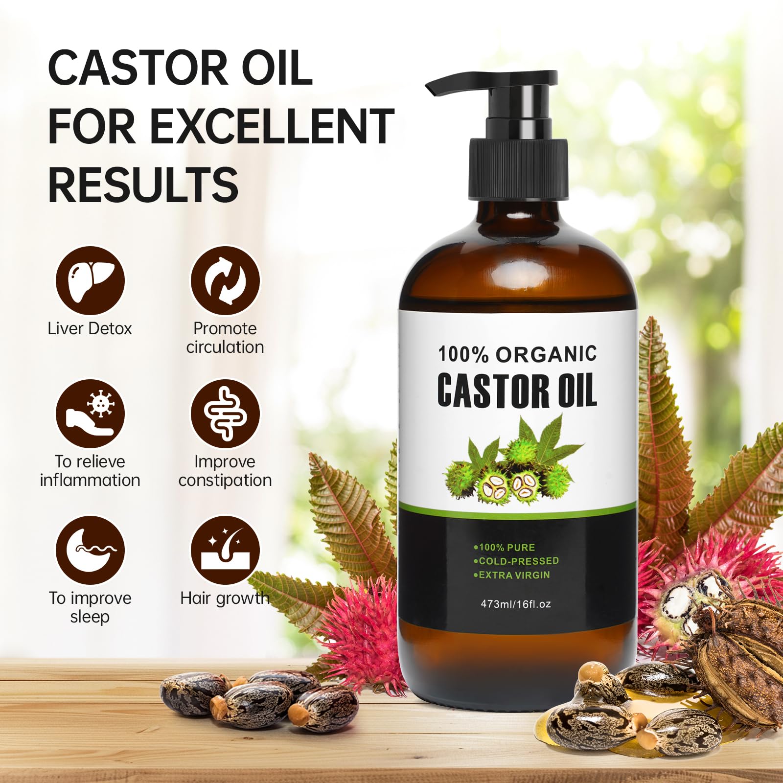 40Pcs Castor Oil Pack Wrap – Organic Cotton Patches, 16oz Amber Glass Bottle