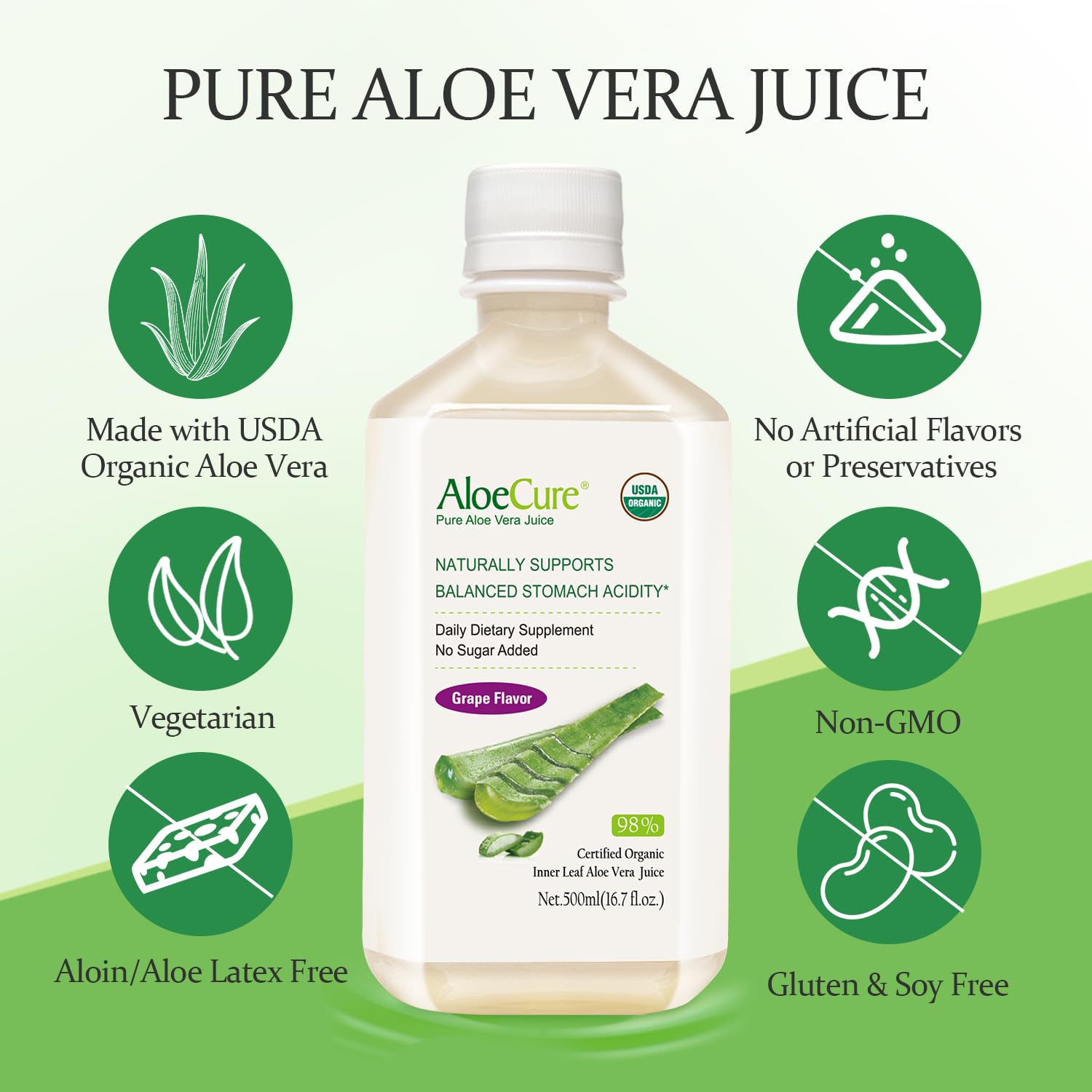 AloeCure USDA Organic Aloe Vera Juice - Grape Flavor, 16.7oz