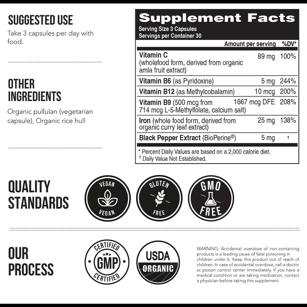 Organic Iron Supplement | Whole Food Mineral & Cofactors, 25 mg Elemental | Enhanced Absorption Plus Blood Health Vitamins – Gentle Form – Supports Healthy Levels & Blood Health – 90 Capsules