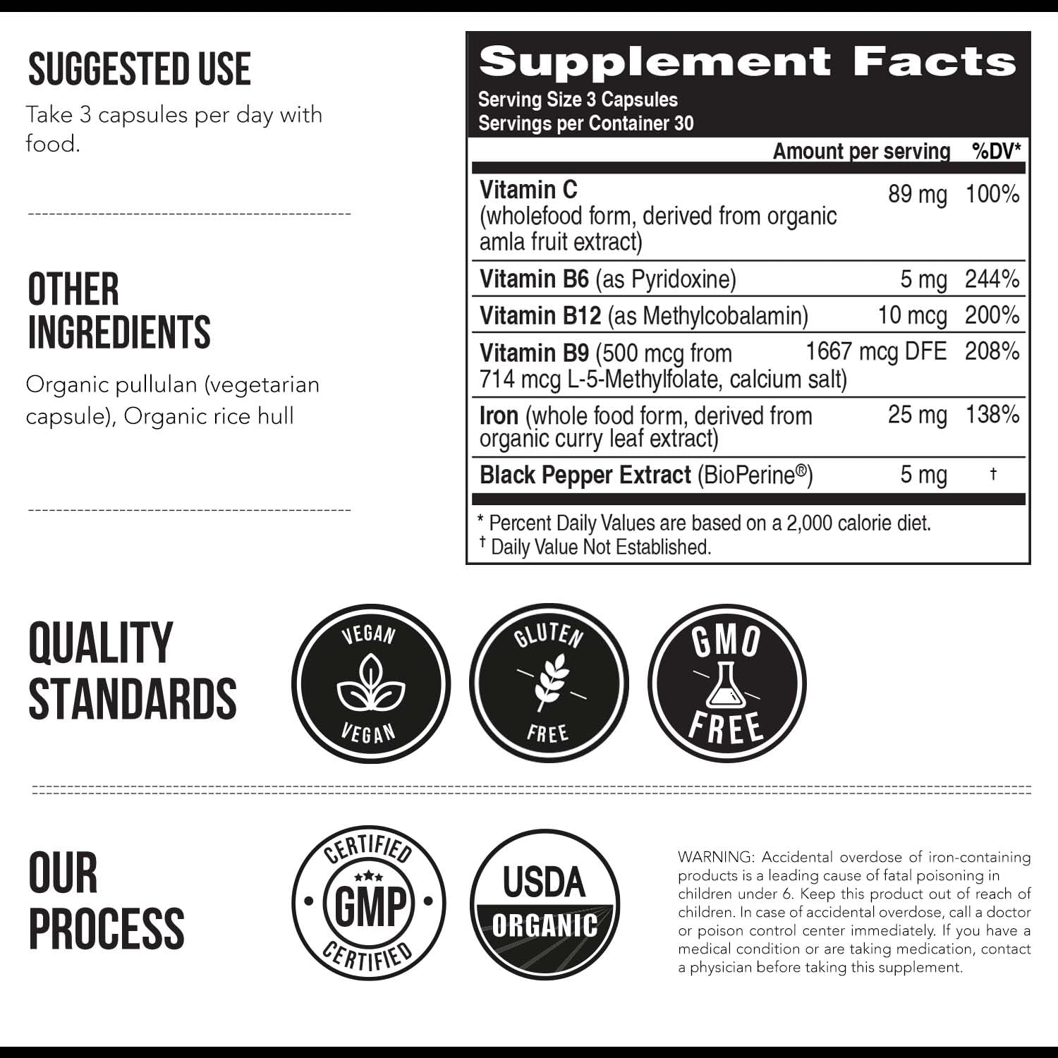 Organic Iron Supplement | Whole Food Mineral & Cofactors, 25 mg Elemental | Enhanced Absorption Plus Blood Health Vitamins – Gentle Form – Supports Healthy Levels & Blood Health – 90 Capsules