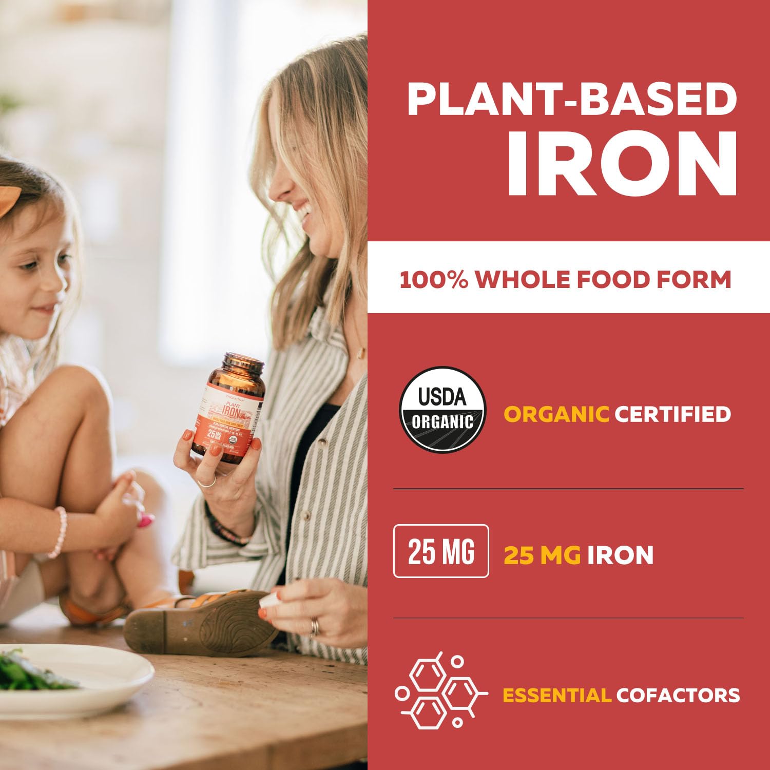 Organic Iron Supplement | Whole Food Mineral & Cofactors, 25 mg Elemental | Enhanced Absorption Plus Blood Health Vitamins – Gentle Form – Supports Healthy Levels & Blood Health – 90 Capsules