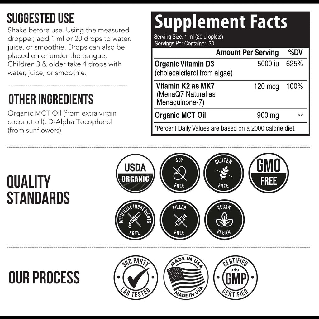 Organic Plant D3 + K2 Drops — 5,000 IU D3, 120 mcg MK7 | 100% Vegan Sublingual