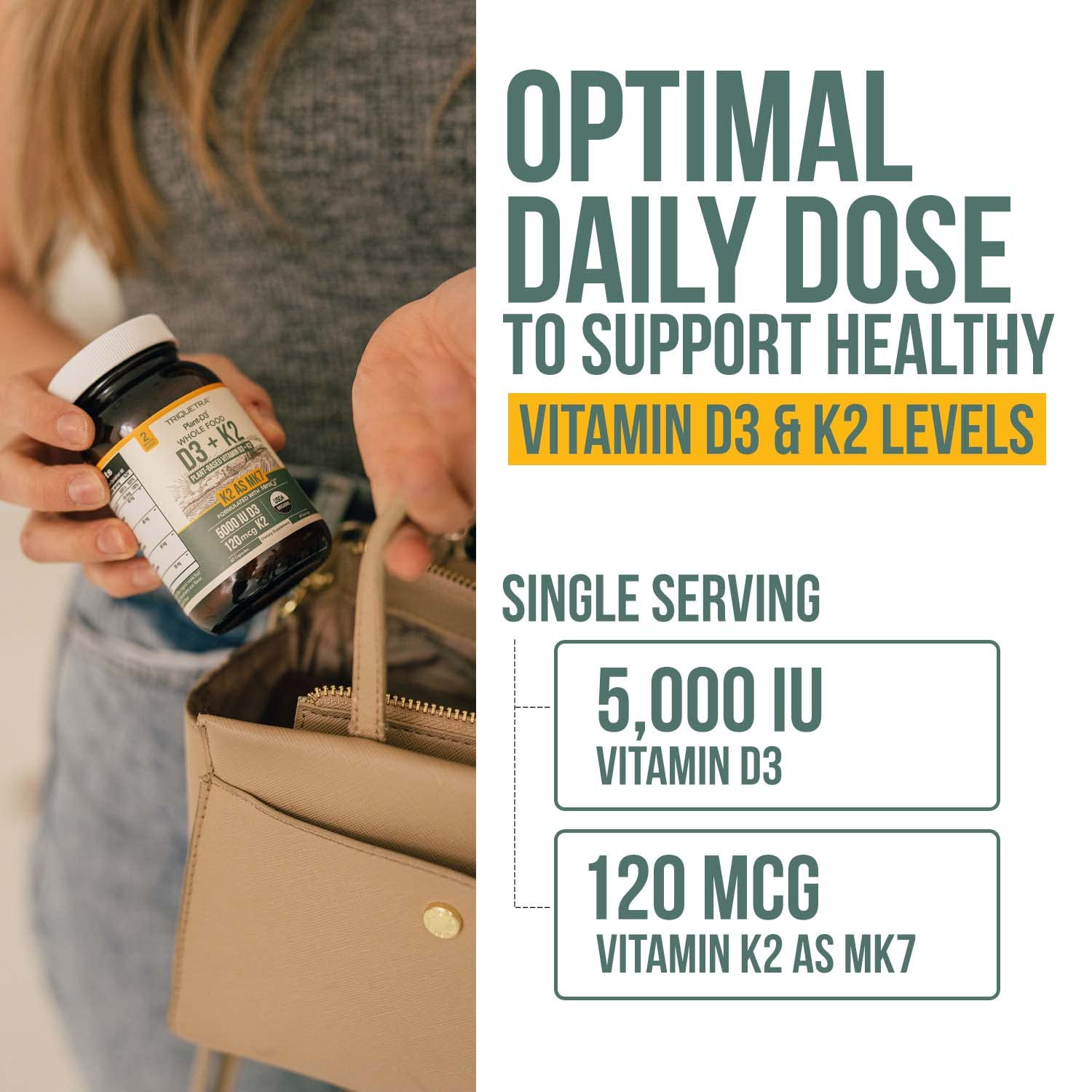 Organic Plant D3 + K2 MK7 - 5000 IU D3, 120 mcg K2 from MenaQ7® (All-Trans MK7) | Whole Food, Vegan | 60 Count