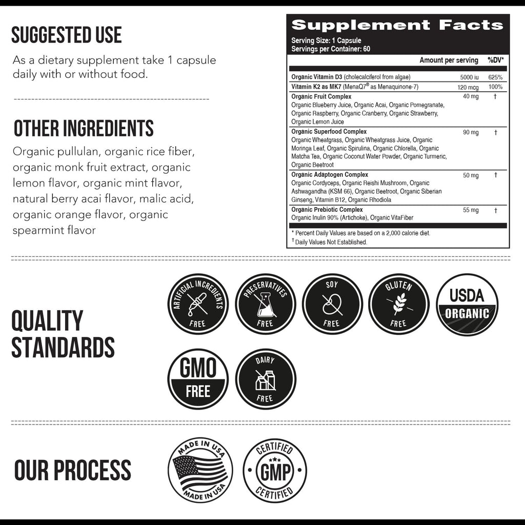 Organic Plant D3 + K2 MK7 - 5000 IU D3, 120 mcg K2 from MenaQ7® (All-Trans MK7) | Whole Food, Vegan | 60 Count