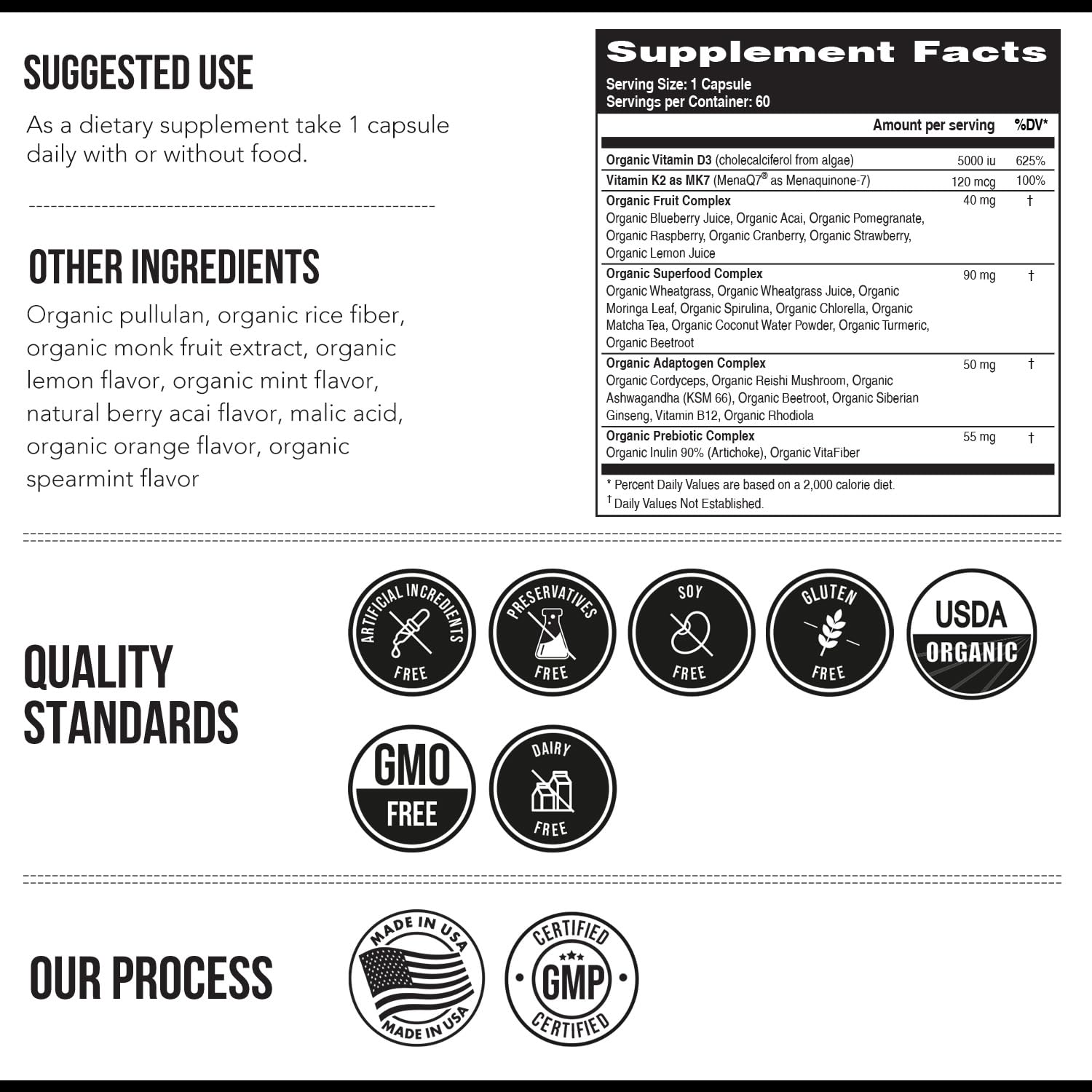 Organic Plant D3 + K2 MK7 - 5000 IU D3, 120 mcg K2 from MenaQ7® (All-Trans MK7) | Whole Food, Vegan | 60 Count