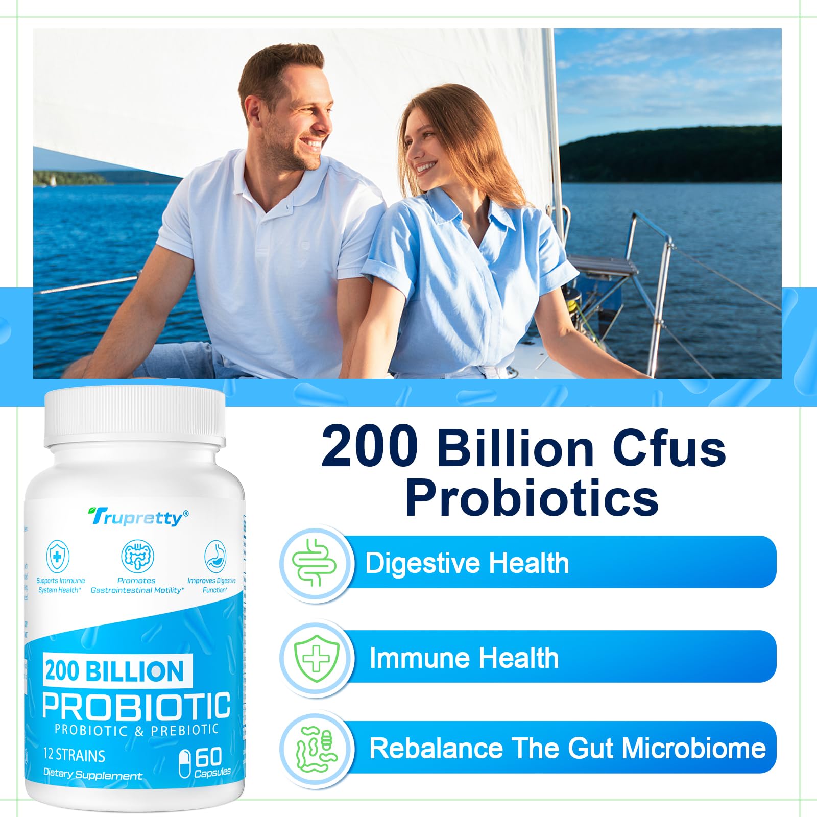 200 Billion CFUs Probiotic: 12 Strains + 3 Organic Prebiotics | Women & Men, 60 Caps, Shelf-Stable, Non-GMO