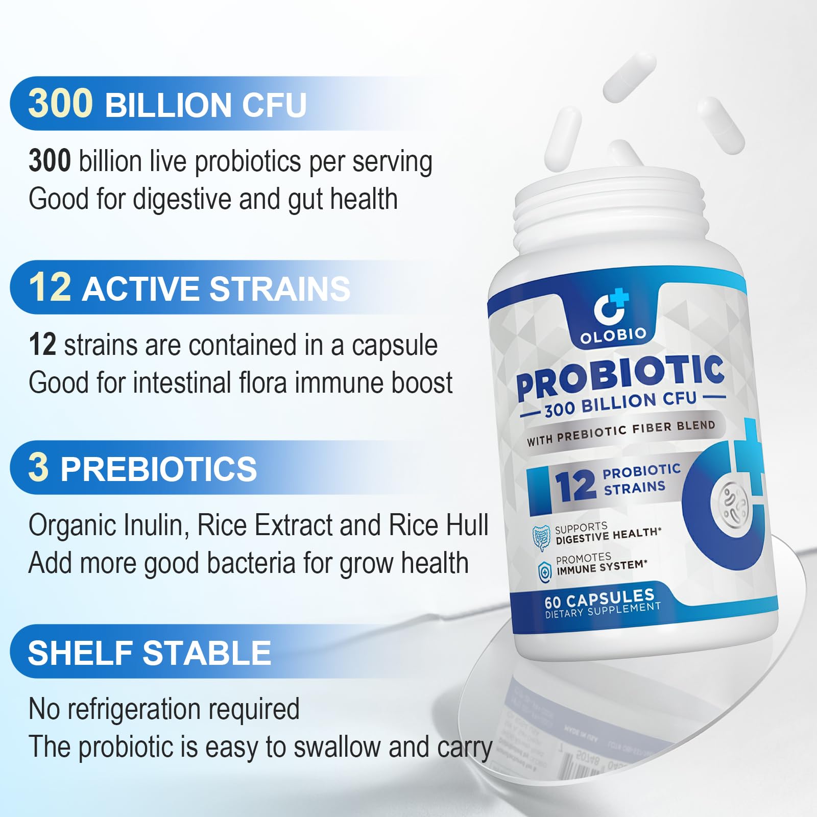 300 Billion CFU Probiotic – 12 Strains + 3 Prebiotics, Vegan
