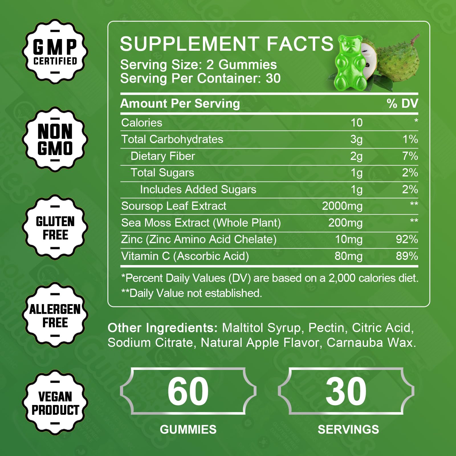 Organic Soursop Graviola Gummies – 2200mg, Zinc & Vitamin C (60)