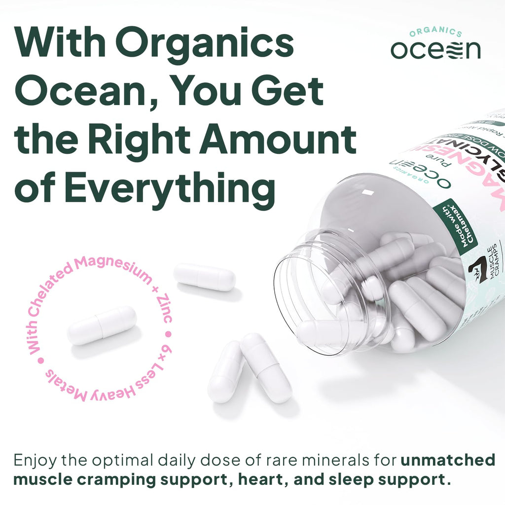 Organics Ocean Magnesium Glycinate with Zinc – Maximum Strength Chelated Magnesium for Sleep Support, Muscle Cramps & Heart Health – 3 Bottles