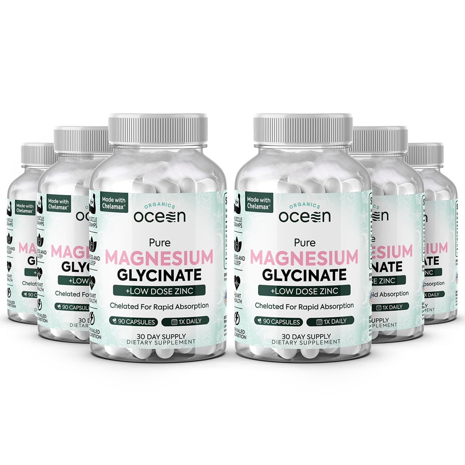 Organics Ocean Magnesium Glycinate with Zinc - Maximum Strength - 6 Bottles