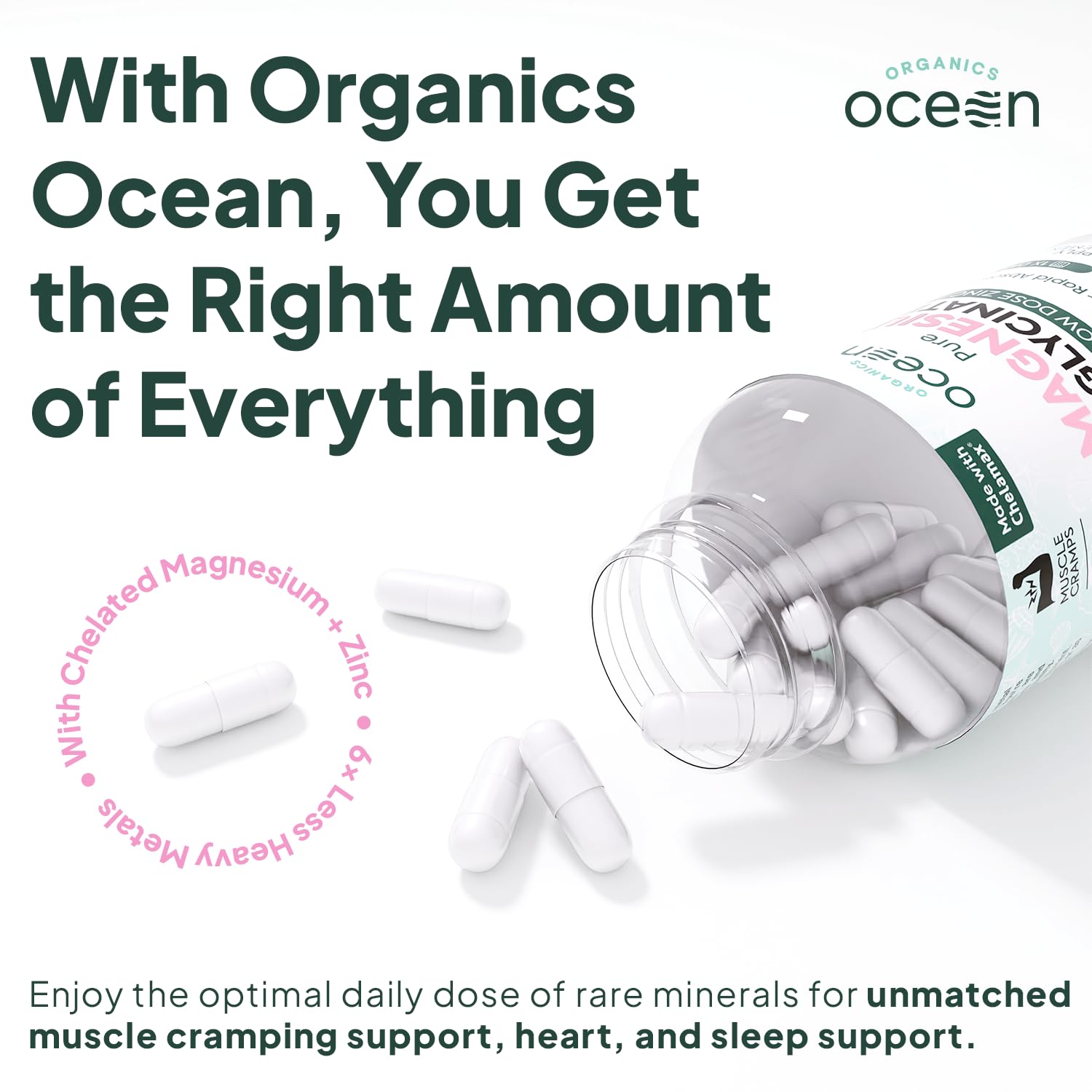 Organics Ocean Magnesium Glycinate with Zinc - Maximum Strength Chelated Magnesium for Sleep & Muscle Cramps - 2 Bottles