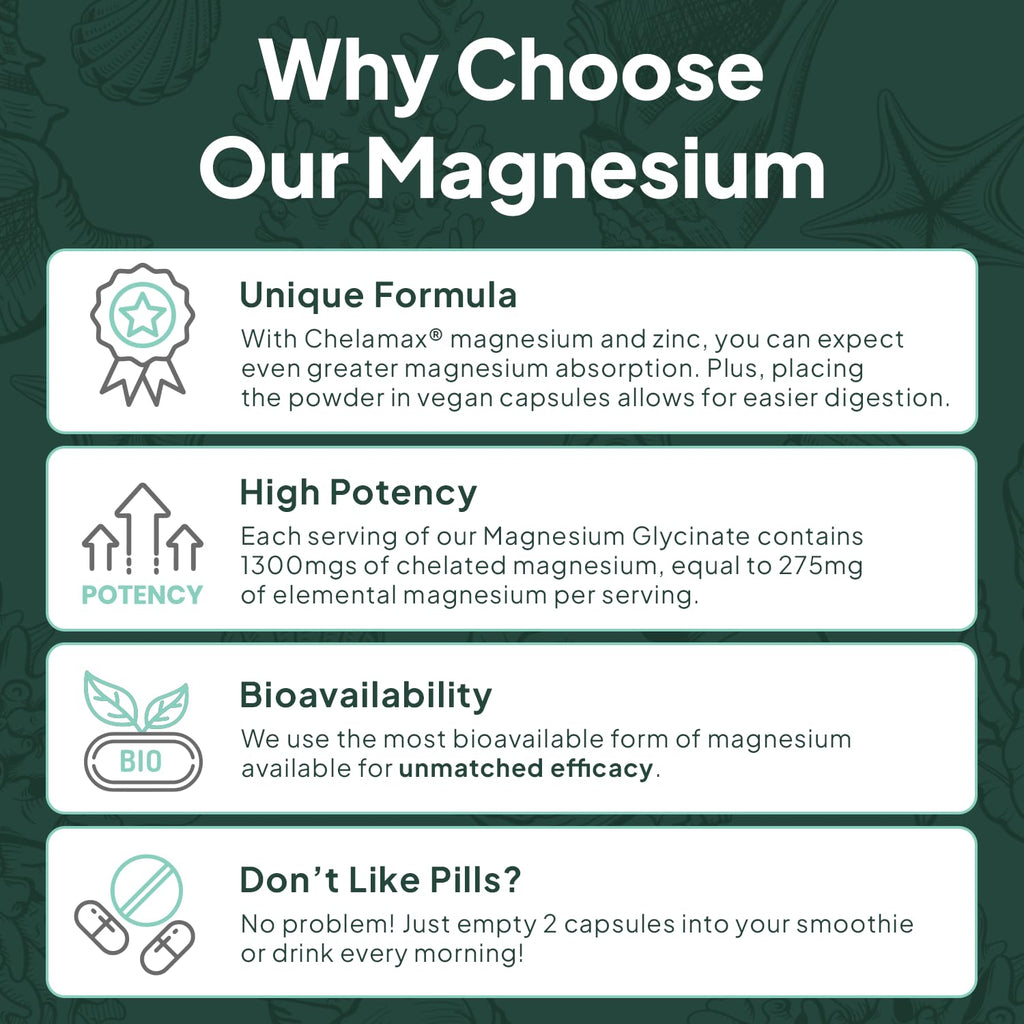 Organics Ocean Magnesium Glycinate with Zinc – Maximum Strength Chelated Magnesium (90 Capsules)