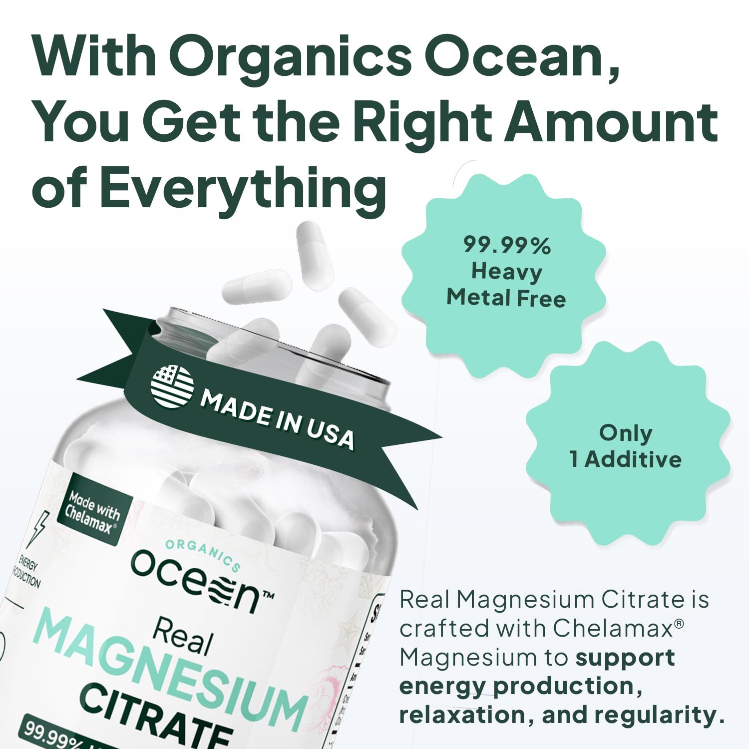 Organics Ocean Real Magnesium Citrate - High-Absorption Chelated Magnesium for Energy, Relaxation & Regularity