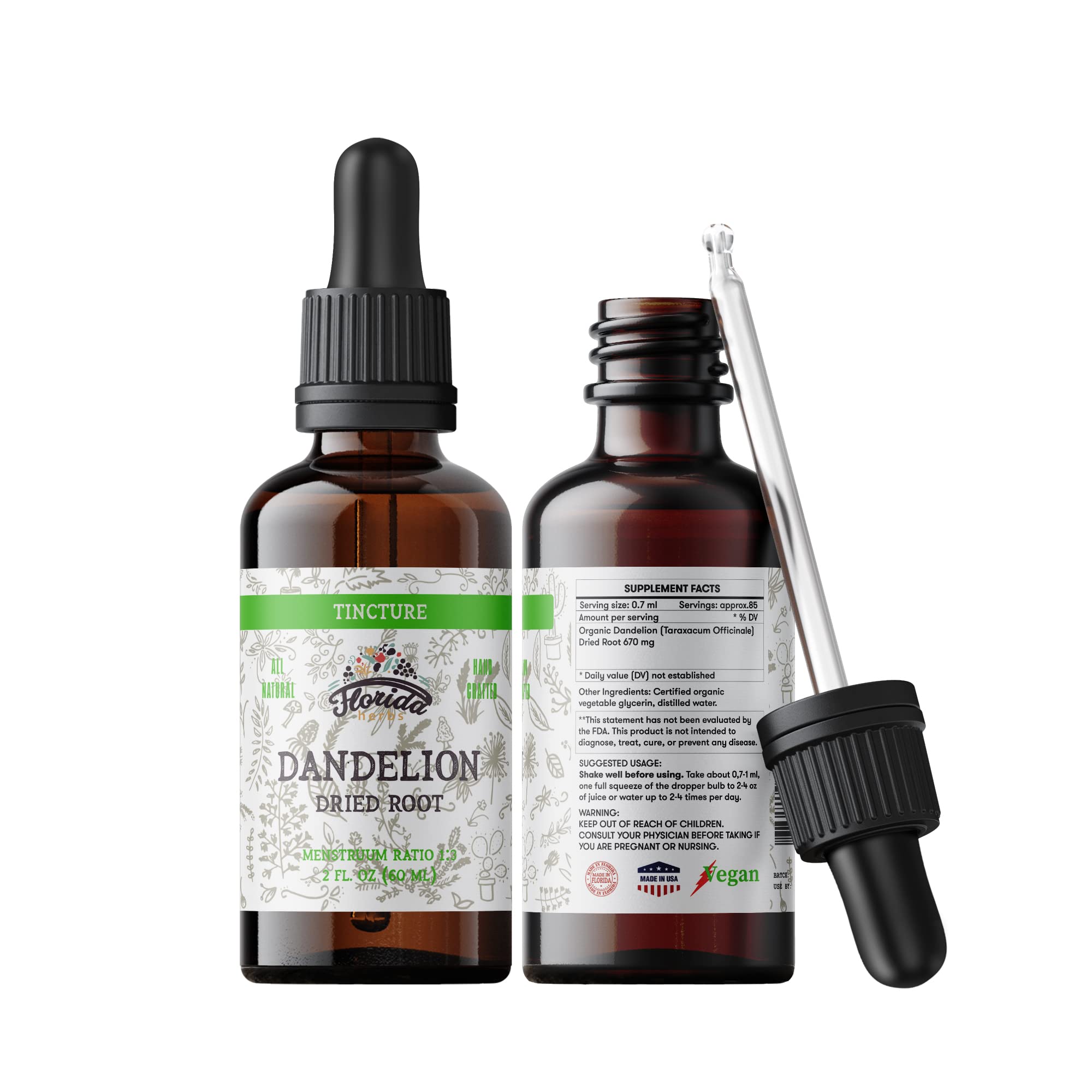Florida Herbs Dandelion Root Tincture Organic - Non-GMO, Cold-Pressed Glycerin, 2 oz, 685 mg (Pack of 2)