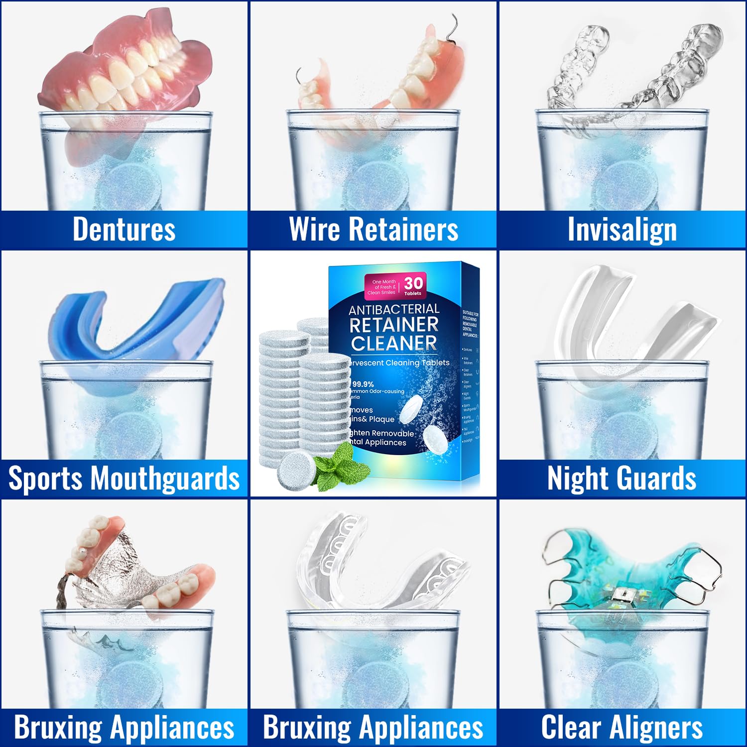 Retainer Cleaner Tablets for Invisalign – Sulphate-Free Effervescent Cleaner with Aligner Tools