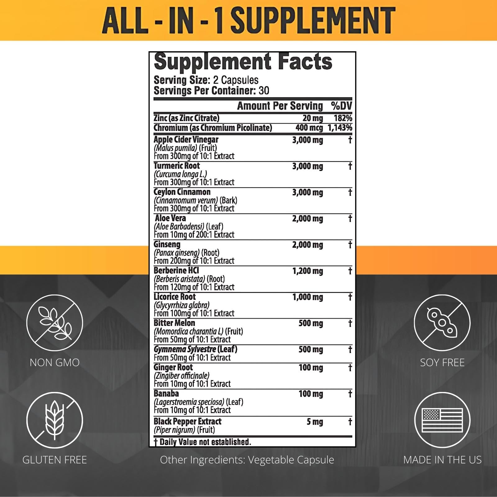 Ceylon Cinnamon Capsules + Apple Cider Vinegar – Turmeric 3000mg, Berberine 1200mg, 60 Count