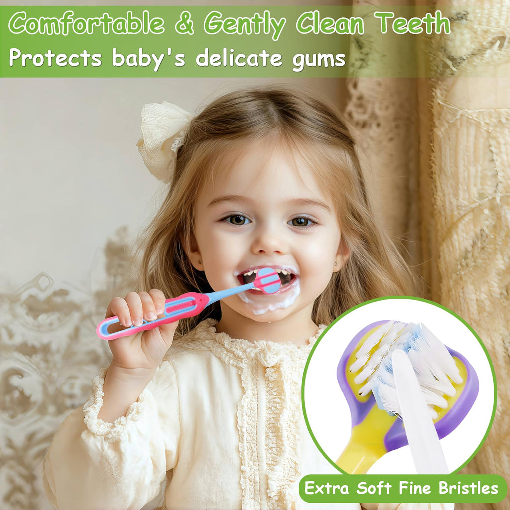 PANIMOSI Toddler Toothbrush 4 Pack – 3-Sided 360° Kids Toothbrush for Ages 1-12, Soft Bristles