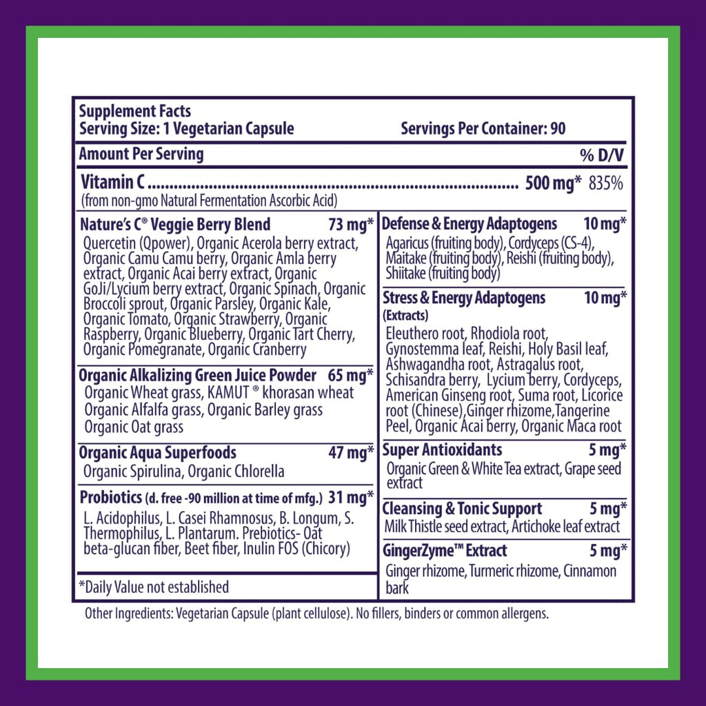 Paradise Herbs Earth's Blend Vitamin C with Nature's C, Adaptogens & Probiotics — ORAC Energy Greens Base, 90 Veg Capsules (Pack of 2)