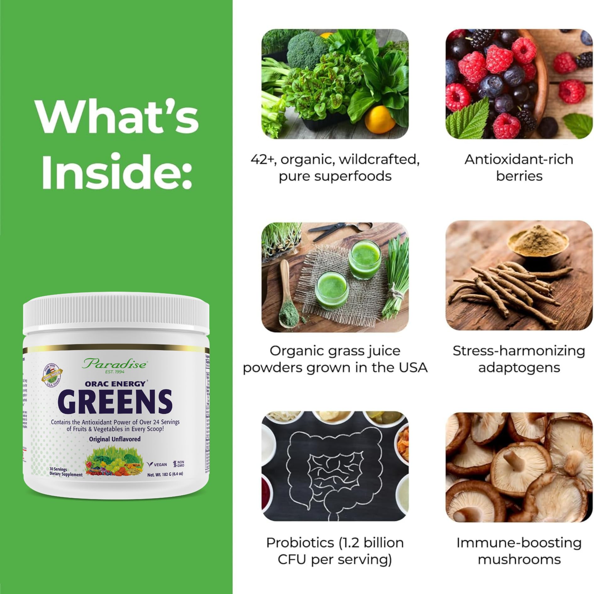 Paradise, ORAC Energy Greens Powder Extract, Super Antioxidants, Probiotics for Gut Health & Digestion, Vitamin C for Immunity, with Spirulina & Chlorella, Non-GMO, Gluten Free, 30 Servings