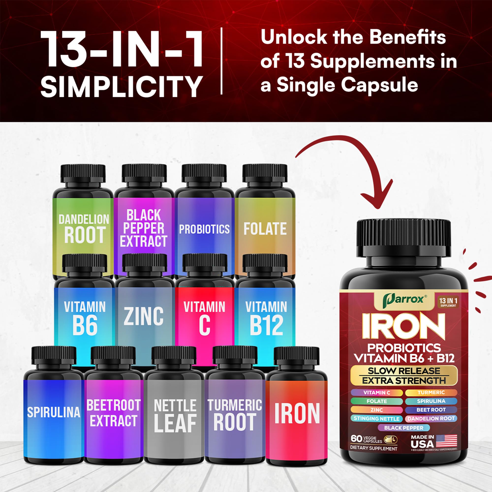 Parrox Elemental-Iron: Slow-Release Iron with Probiotics, Beetroot, Turmeric & B Vitamins – 2 Pack, 60 Capsules Each