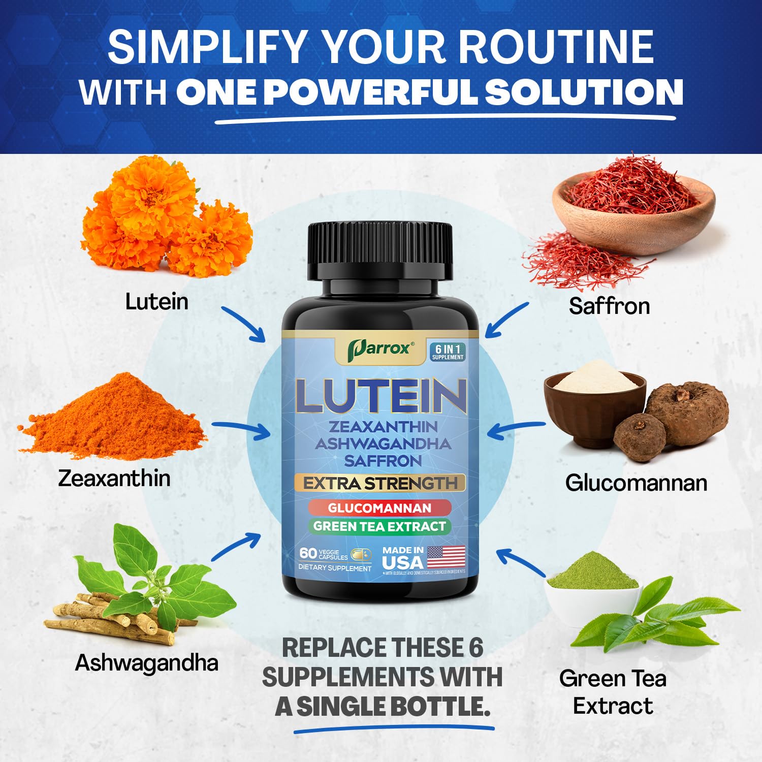 Parrox 6-in-1 Lutein & Zeaxanthin Eye Health Supplement – 2 Pack (60-Day) – Plant-Based Formula