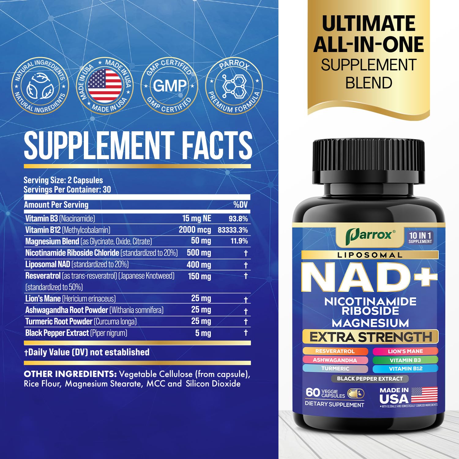 Parrox NAD+ Supplement with Liposomal NAD+ | 10-in-1 Extra Strength (3 Pack)
