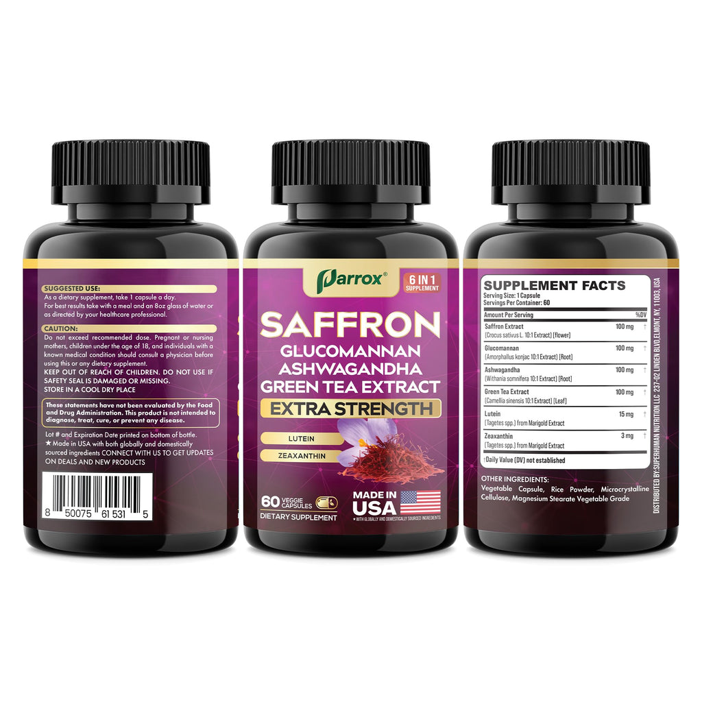 Parrox Saffron Supplement with Glucomannan & Ashwagandha – 4 Month Supply