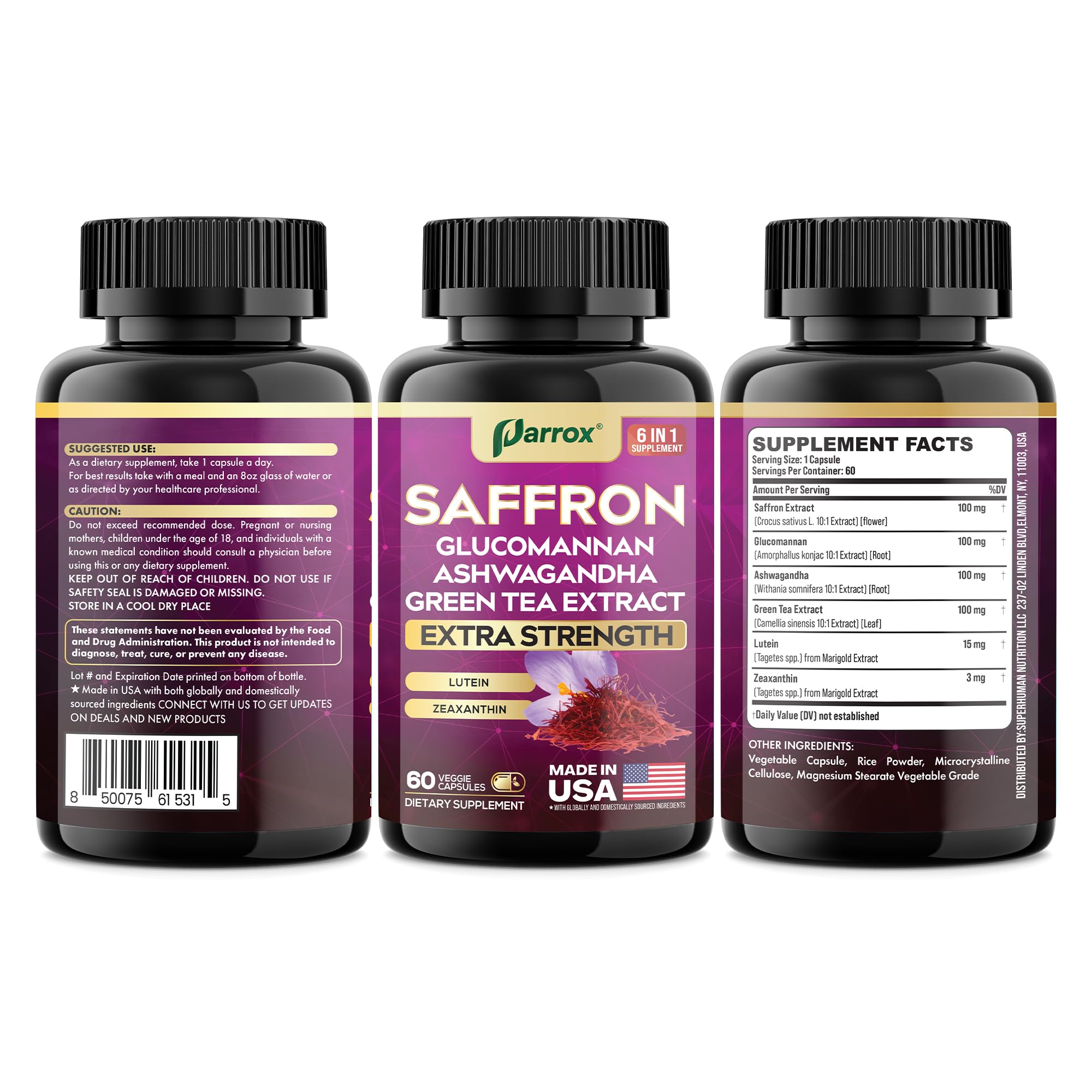 Parrox Saffron Supplement with Glucomannan & Ashwagandha – 4 Month Supply