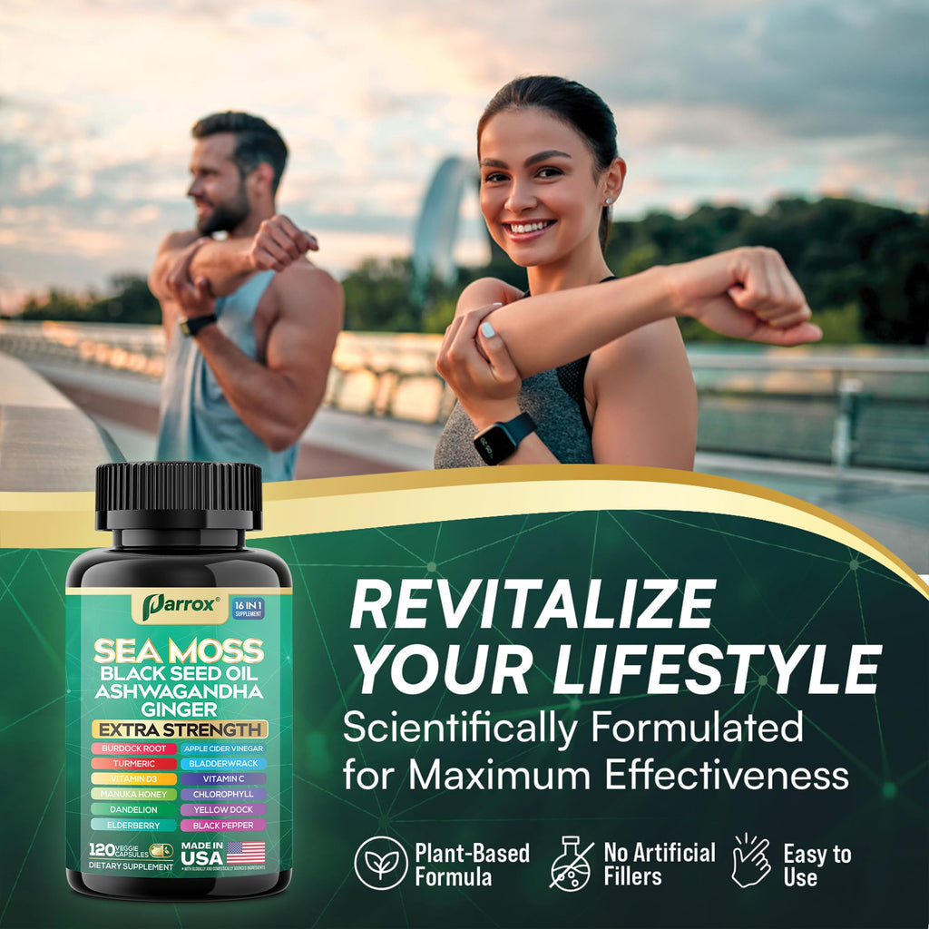 Parrox Sea Moss 16-in-1 Capsules (120 Caps) – Herbal Wellness with Sea Moss, Black Seed Oil, Ashwagandha & More
