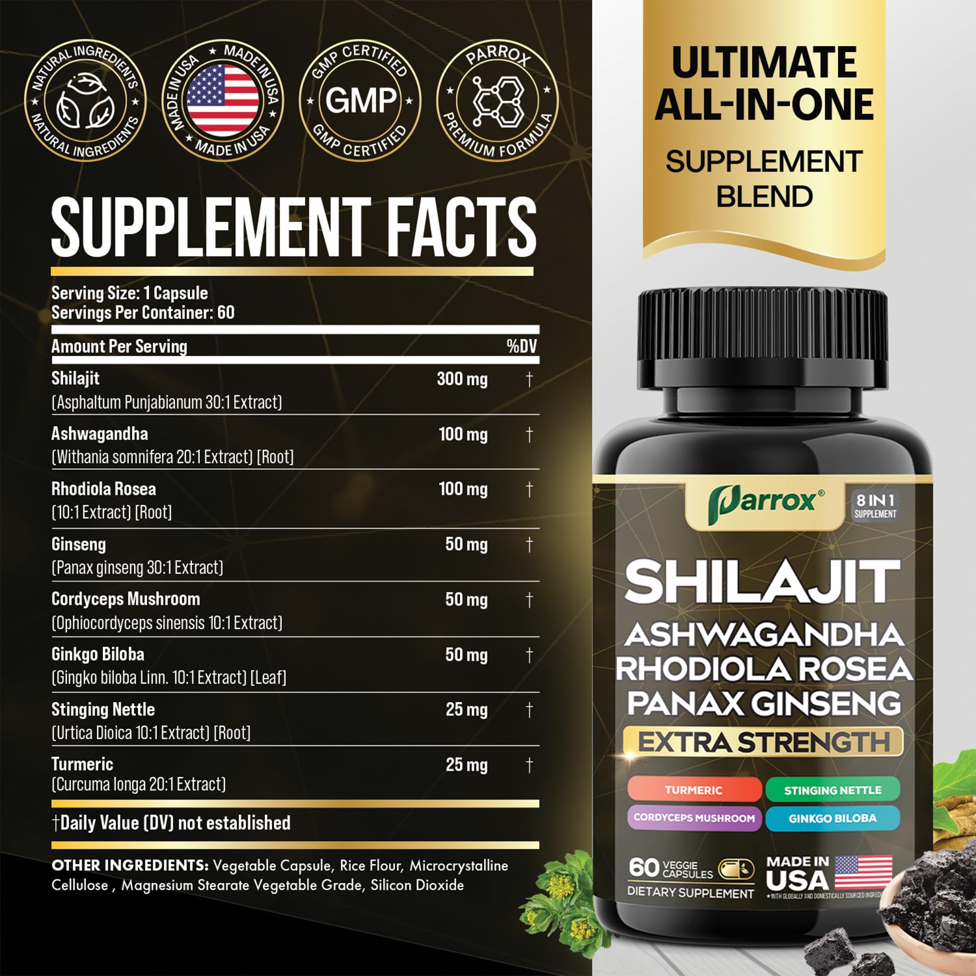 Parrox Shilajit 8-in-1 Supplement – 120 Caps with Panax Ginseng, Ashwagandha, Rhodiola, Turmeric, Ginkgo Biloba, Cordyceps