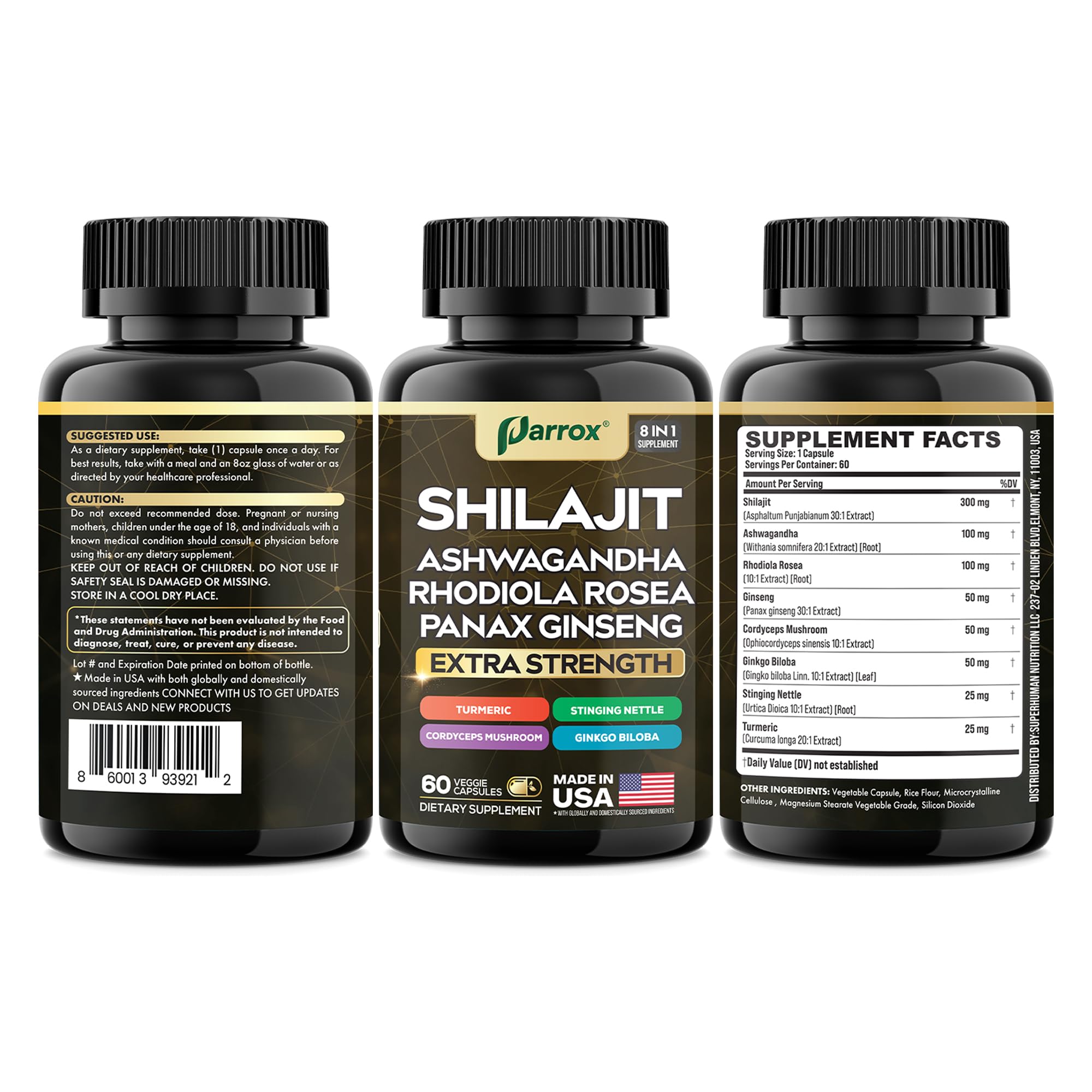 Parrox Shilajit 8-in-1 Supplement – 120 Caps with Panax Ginseng, Ashwagandha, Rhodiola, Turmeric, Ginkgo Biloba, Cordyceps