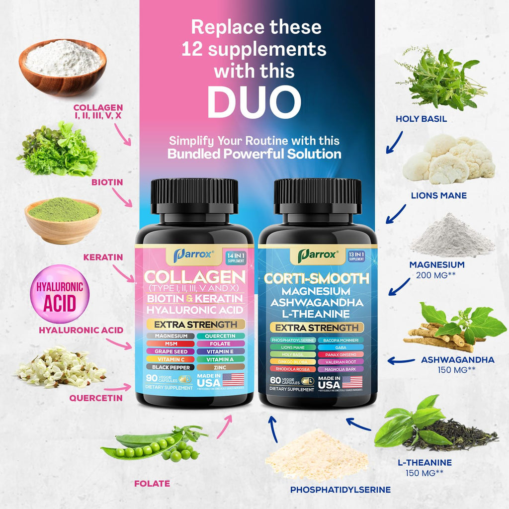 Parrox Shining Serenity Set – Cortisol Support & Collagen Duo with Ashwagandha, L-Theanine, Magnesium, and More