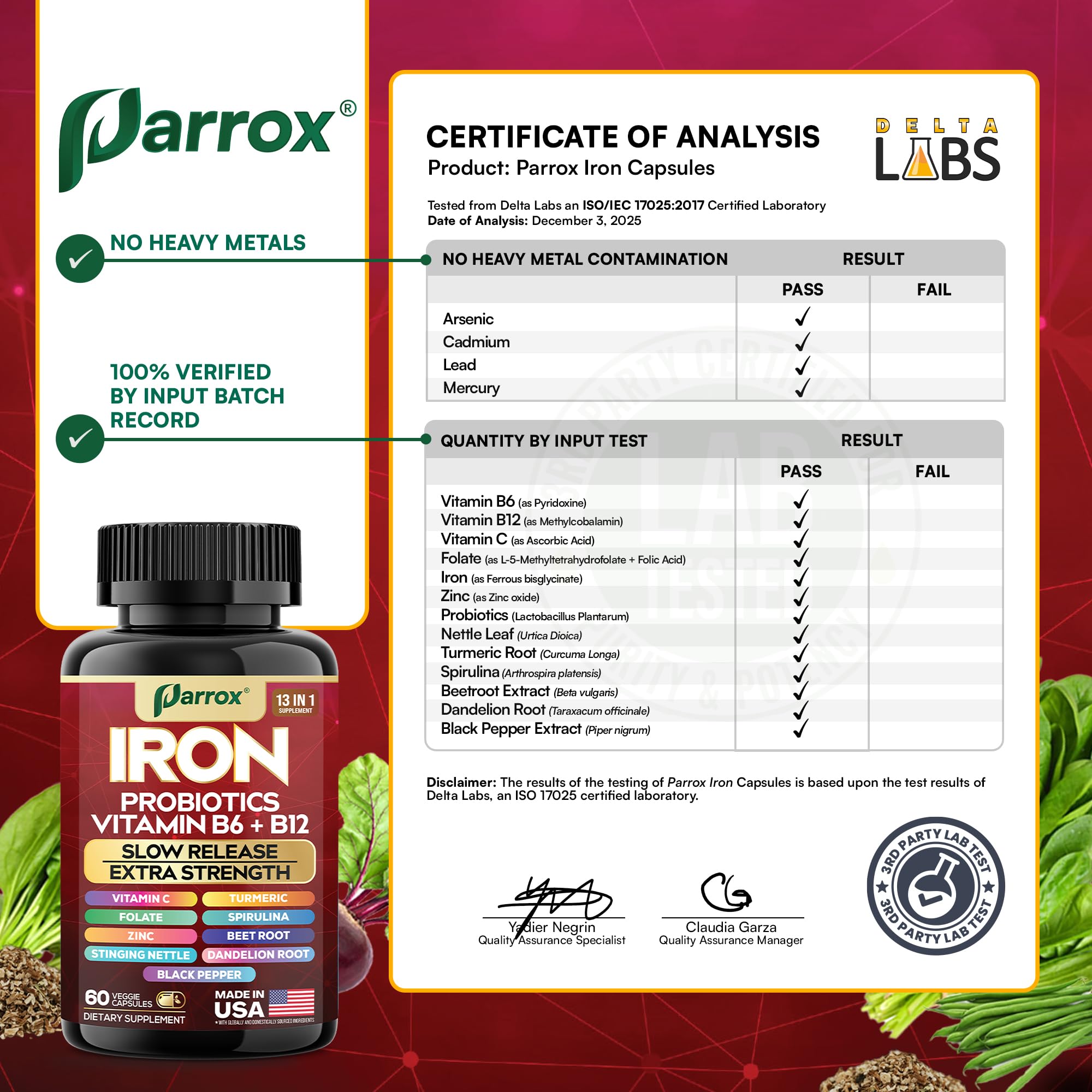 Parrox Elemental Iron 13-in-1 – Slow-Release Iron, Probiotics, B Vitamins, Beetroot & Turmeric (3-Pack, 60 Capsules)