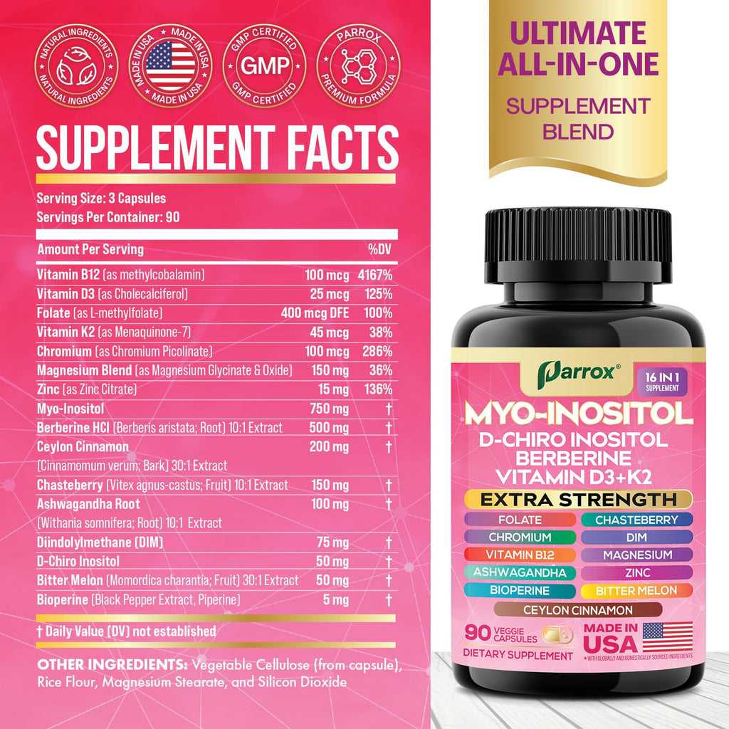 Parrox Myo Inositol Supplement – 16-in-1 Wellness (90 Vegan Capsules)