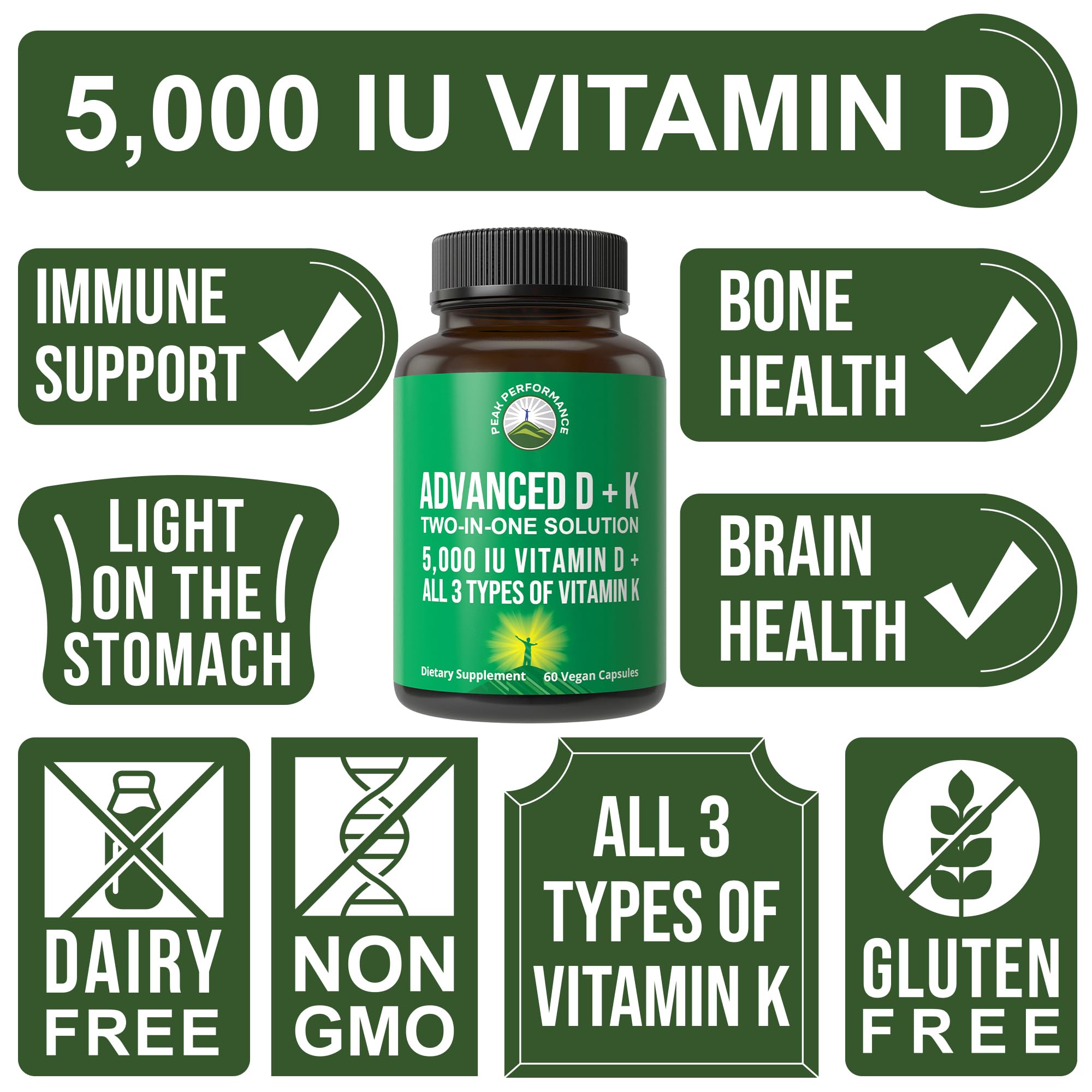 Peak Performance Vitamin D 5000 IU with Vitamin K (K1, MK-4, MK-7) | 60 Veggie Pills